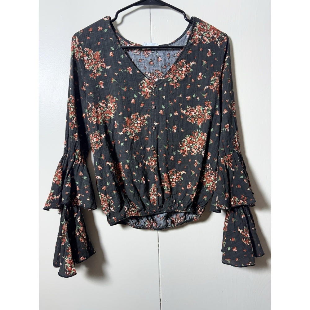Bucket List Floral Peasant Blouse Tiered Bell Sleeve Prarie Fairy Whimsy Witchy